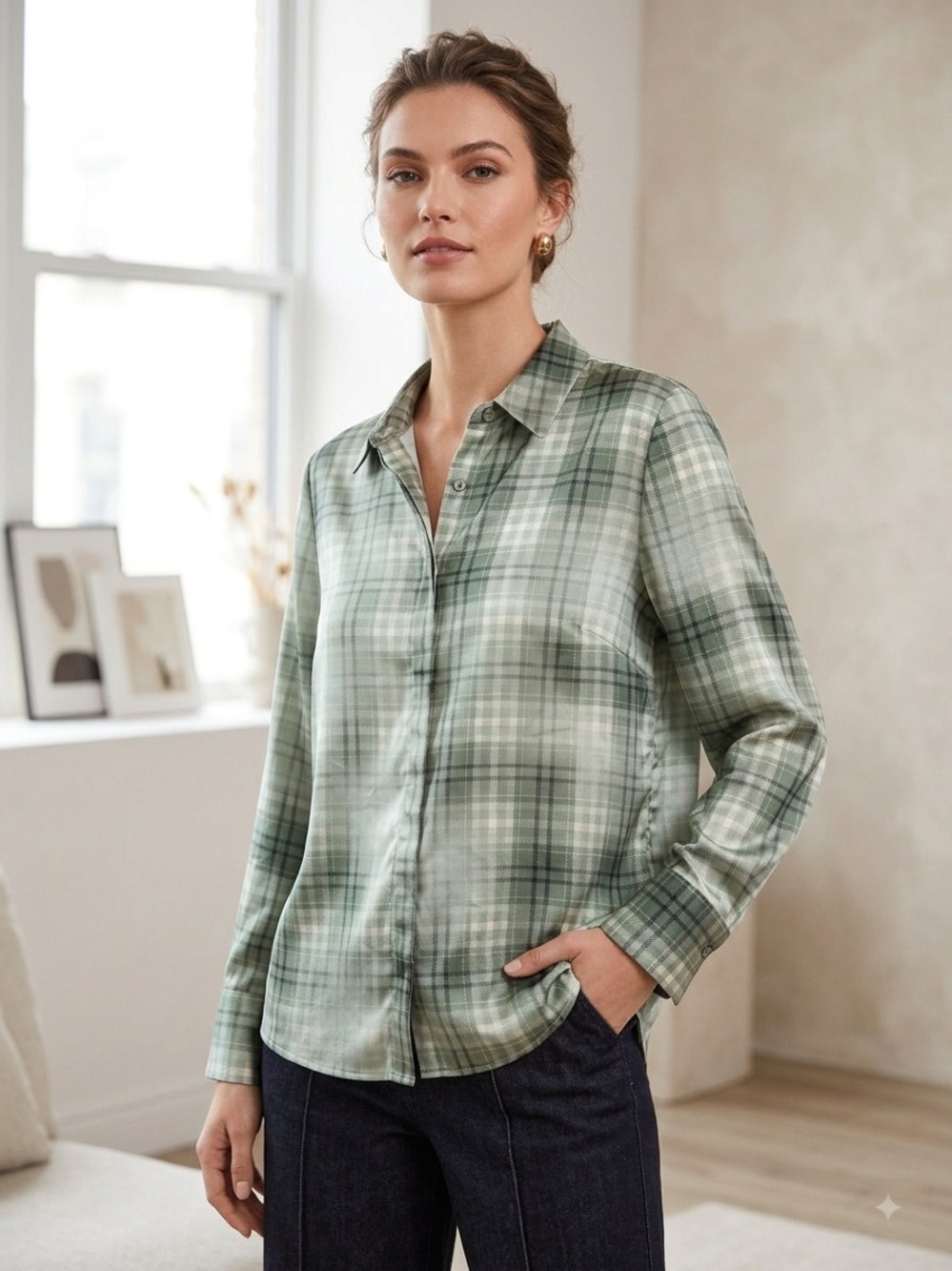 Alfani Green Plaid Satin Blouse  Long Sleeve Button Front Medium